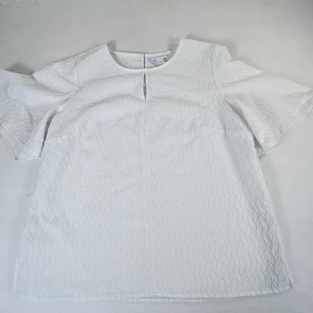 Liz Claiborne White Textured Flutter Sleeve Keyhole Blouse Womens Large